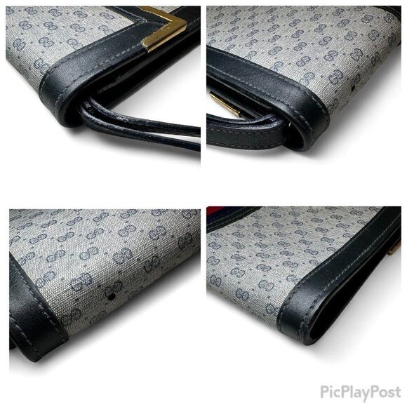 GUCCI Shelly Line Grey and Navy Blue Monogram Canvas Clutch w Stripes, Unisex - Picture 11 of 16